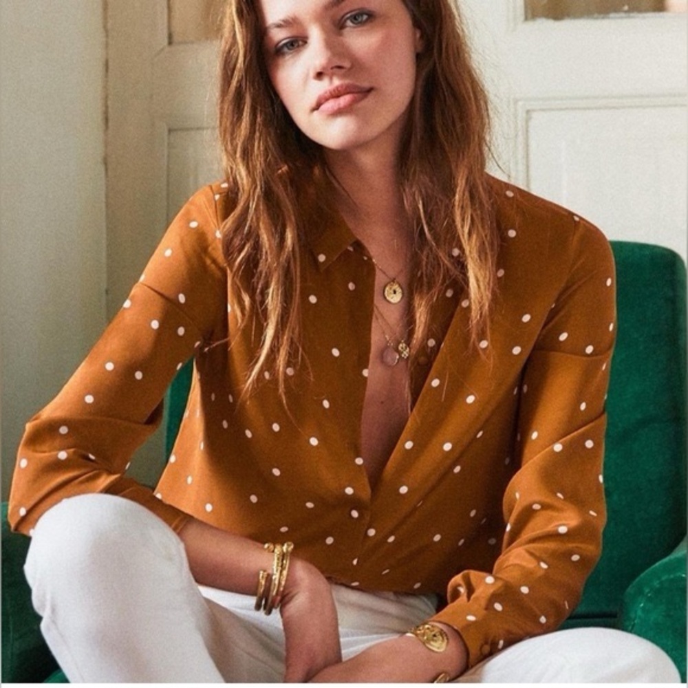 Sezane Ana shirt Polka Dot Button-Up Blouse in Brown size 36 - Picture 2 of 8